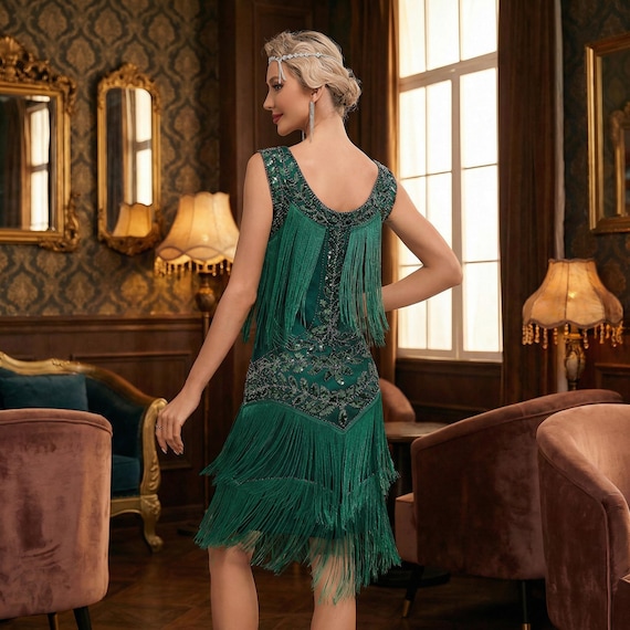 emerald green flapper dress Art Deco Dress, Fringe Dress, 1920s Sequin Gatsby Dress, Roaring 20s Fashion Costume, Beaded Vintage Gown,jazz Era Dress,tassel Gown Ball Party