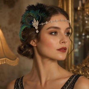 Peacock Feather Headpiece, Flapper Hair Accessory, Art Deco Fascinator, Roaring 20s Bridal Headpiece