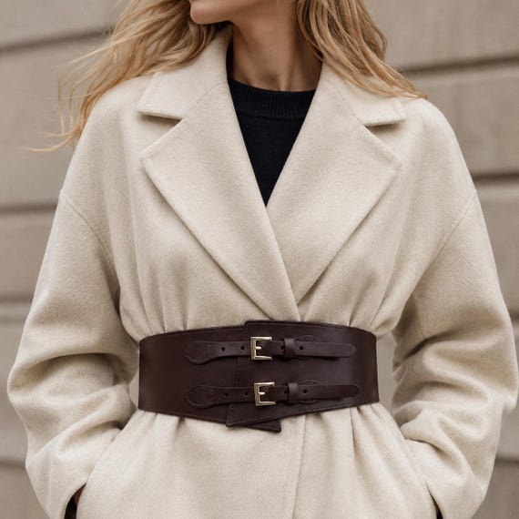 Wide Leather Corset Belt Women, Obi Waist Belt, Double Buckle Belt