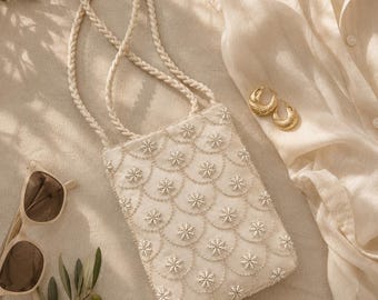Elfenbeinfarbene, perlenbesetzte Schultertasche, Mini-Brauttasche, bestickte Abendtasche, Alternative zur Hochzeitsclutch, Boho-Umhängetasche als Geschenk