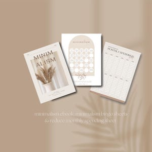Puede incluir: Un conjunto de recursos imprimibles para el minimalismo, que incluye un libro electrónico, hojas de bingo y un rastreador de gastos mensuales. La imagen presenta un fondo beige con la sombra de una planta y el texto "MINIMALISM" en una fuente marrón.