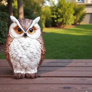 Puede incluir: Figura detallada de búho con diseño de plumas marrones y blancas. El búho tiene grandes ojos amarillos y está posado sobre una superficie de madera. La figura es un artículo decorativo, adecuado para la decoración del hogar o del jardín.
