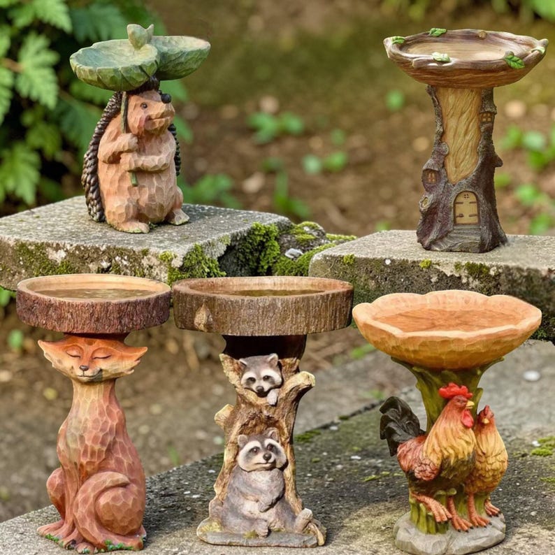 Rooster And Racoons Small Whimsical Woodland Animal Bird Bath- Fox Raccoon Hedgehog Garden ...