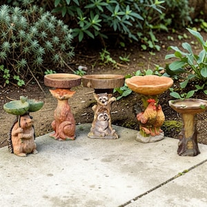 small Whimsical Woodland Animal Bird Bath- Fox Raccoon Hedgehog Garden Decor Gift