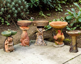 small Whimsical Woodland Animal Bird Bath- Fox Raccoon Hedgehog Garden Decor Gift
