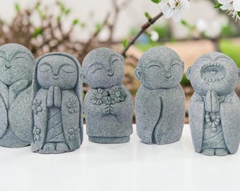 Joyful Jizo Monk Statues- Floral Robe Guardians- Zen Garden Stone Art