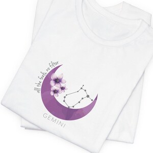 Camiseta del zodiaco Géminis Luna, camiseta con gráfico de estrella astrológica, camiseta de magia lunar, regalo de constelación de carta natal cósmica, ropa mística de fase lunar