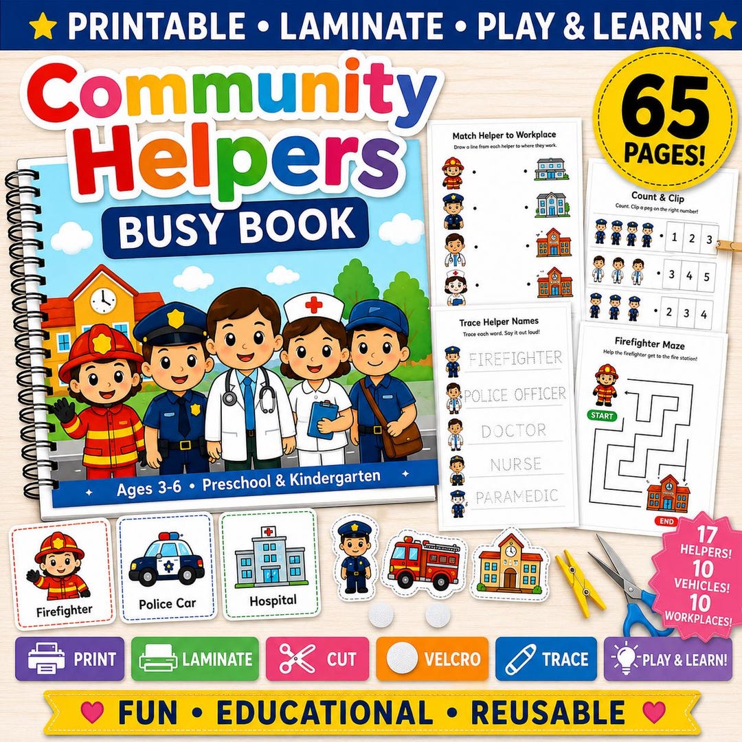 Community Helpers Busy Book Printable, 65 Pages Preschool Activities ...