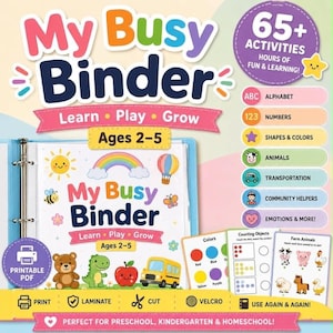 Carpeta imprimible de actividades para niños pequeños con 65 actividades educativas para edades de 2 a 5 años.
