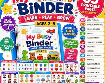 May include: A My Busy Binder educational activity set featuring 65 printable pages for ages 2-5. The colorful design includes icons for ABCs, numbers, shapes, animals, and emotions, with instructions to print, laminate, cut, and use velcro.