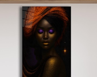 Könnte beinhalten: Ein gerahmter Kunstdruck mit einer Frau mit dunkler Haut und geschlossenen Augen. Ihr Haar ist leuchtend orange, und ihr Make-up umfasst lilafarbene Lidschatten und goldene Akzente. Der Hintergrund hat einen Sternennachteffekt.