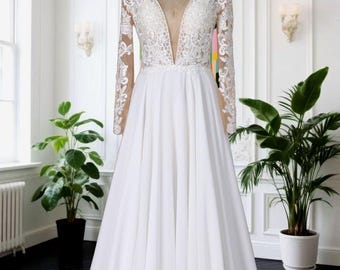 Abito da sposa in pizzo chiffon avorio: abito da sposa boho a trapezio