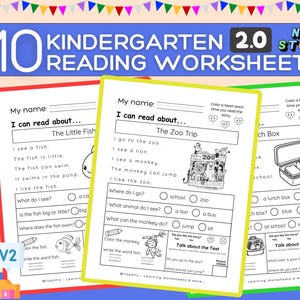 Op de afbeelding: Een set van 10 leeswerkbladen voor de kleuterschool, elk met invuloefeningen en illustraties. De werkbladen zijn ontworpen voor beginnende lezers en worden afgedrukt op papier van A4-formaat (ongeveer 21,6 x 27,9 cm). De tekst bevat "Kindergarten 2.0 Reading Worksheets".