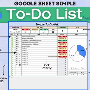 以下が含まれることがあります： Googleスプレッドシート用のデジタルTo-Doリストテンプレート。スプレッドシートには、タスクの説明、優先度、チェックボックスを含む表があります。円グラフはタスク完了率を表示します。タイトルは「GOOGLE SHEET SIMPLE To-Do List」です。