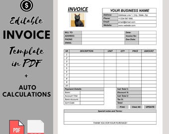 Auto-calculating Invoice Template: Editable PDF for Small Business - Etsy