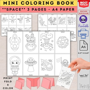 May include: A printable mini coloring book with a space theme. The cover reads "MINI COLORING BOOK **SPACE** 3 PAGES - A4 PAPER". The pages feature line drawings of astronauts, planets, and spaceships. The A4 paper size is 21 x 29.7 cm.