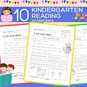 May include: Kindergarten reading worksheets with the text "10 Kindergarten Reading Worksheets". The worksheets are in color and feature reading comprehension exercises. The pages are 8.5" x 11" in size and include illustrations and fill-in-the-blank questions.