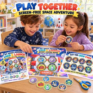 May include: A Play Together Screen-Free Space Adventure board game set featuring My Space Mission Load & Launch rocket loading boards, circular mission pods with illustrations of astronauts, robots, and aliens, and a Cut the Crew Pods sheet.