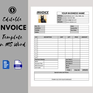 Editable Invoice Template for Word | Printable Billing Receipt | Freelancer, Business Invoice | Instant Digital Download