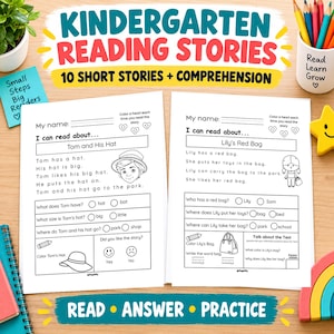May include: Two educational worksheets titled Kindergarten Reading Stories featuring short stories Tom and His Hat and Lily's Red Bag. Each page includes reading text, comprehension questions, and illustrations to colour, designed for early readers.