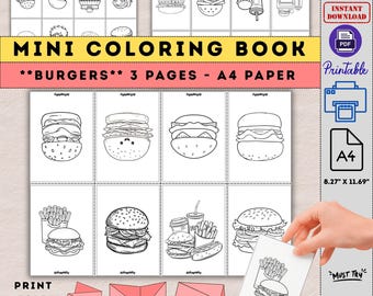 Libro da colorare Mini Burger: PDF stampabile e pieghevole in formato A4, ideale come regalo.