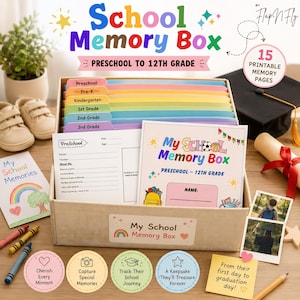 Puede incluir: Una caja de recuerdos escolares beige con pestañas coloridas para preescolar a 12º grado. Incluye páginas de memoria imprimibles, un gorro de graduación y un pequeño cuaderno con un diseño de arcoíris. La caja está llena de divisores coloridos.