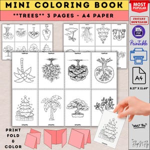 May include: A mini coloring book with the title "MINI COLORING BOOK" and the text "**TREES** 3 PAGES - A4 PAPER". The book contains black and white tree illustrations. The paper size is 8.27" x 11.69".