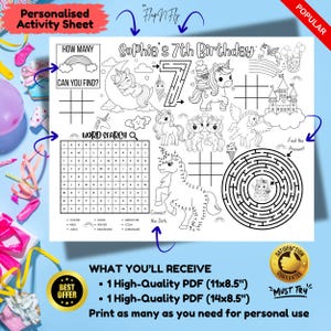 以下が含まれることがあります： 7歳の誕生日用パーソナライズされたアクティビティシート。ユニコーンのイラストと様々なゲームが特徴です。ワードサーチ、迷路、点つなぎ、三目並べが含まれています。2つのPDFサイズで利用可能：27.9 x 21.6 cmと35.6 x 21.6 cm。