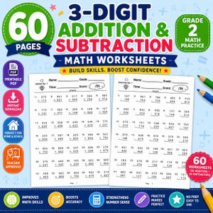 May include: A set of 60 printable maths worksheets for year 3 students, featuring 3-digit addition and subtraction problems. The document includes spaces for name, grade, time, and score, with a light blue background and colourful icons.