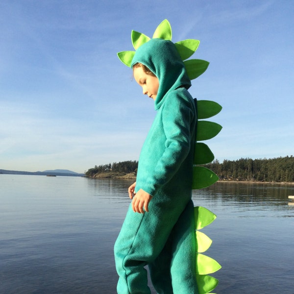 Disfraz de dinosaurio para Halloween Disfraz de Dino turquesa para niños Traje completo con cola larga, espinas y capucha para niños, niñas, niños pequeños y niños