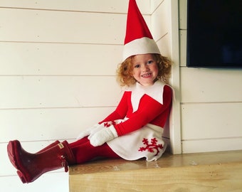 Classic Elf skirt Kids Christmas outfit Halloween Costume Red Elf jumpsuit and hat boys or girls with skirt