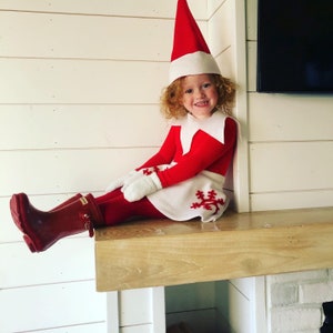 Klassischer Elfenrock Kinder Weihnachtsoutfit Halloween Kostüm Roter Elfenoverall und Hut Jungen oder Mädchen mit Rock Bild 1