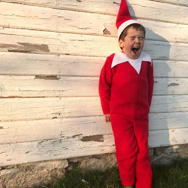 Disfraz de elfo clásico Disfraz de Halloween para niños Disfraz de Navidad Mono y sombrero de elfo rojo para niños o niñas