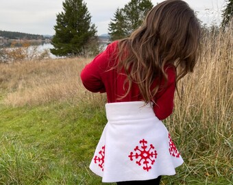 Girls Christmas Skirt White winter mini skirt with Red Snowflakes Hat and Collar optional
