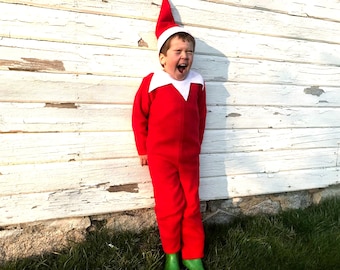 Kids Elf Costume: Red Fleece Jumpsuit with Hat