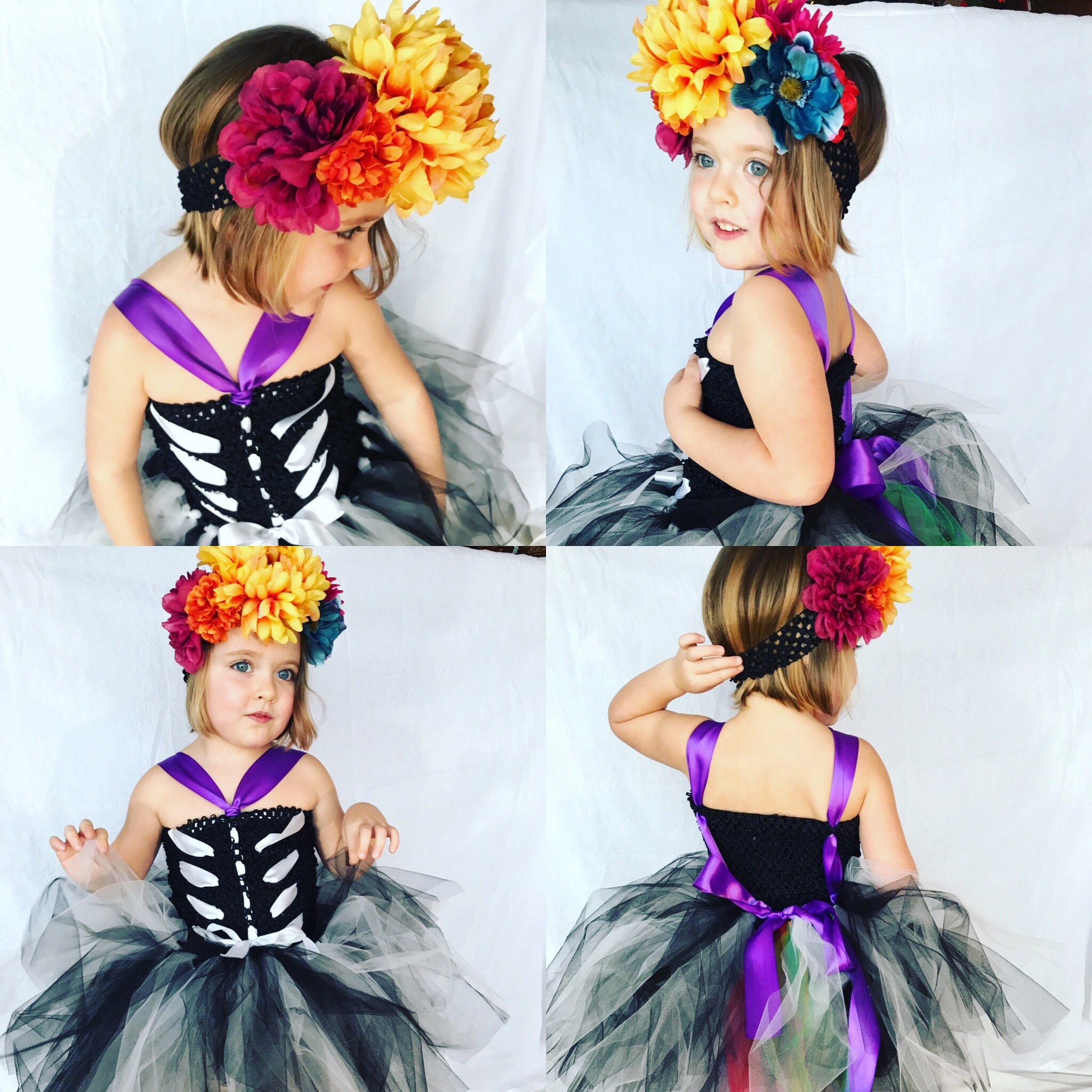 Disfraz Esqueleto Calavera Niña Día De Muertos Halloween Vestido Negro Brillante Con Tul Y Huesos Blancos Elegante Catrina Infantil Jm
