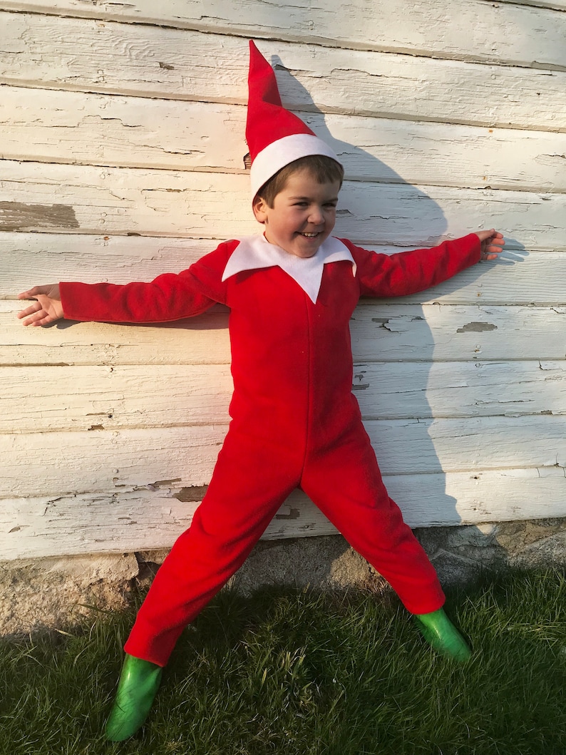 Classic Elf costume Kids Halloween costume Christmas Costume Red Elf jumpsuit and hat boys or girls image 3