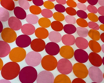 Michael Miller Disco Dots in Flamingo. Pink and orange dots on White cotton fabric by the yard