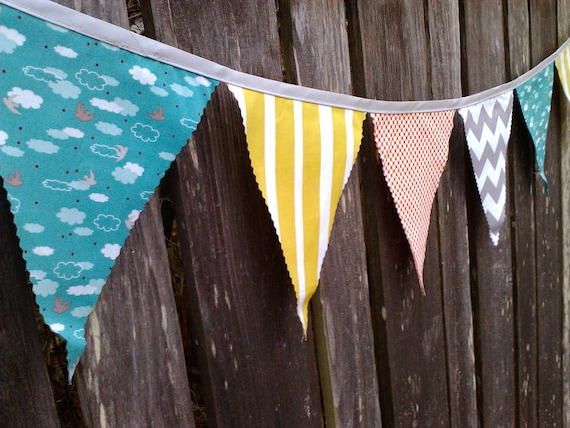 Rainy Day Bunting Flags- Aqua, Grey, White, Red and Chartreuse Pennants with Chevron & Cloud print Il_570xn