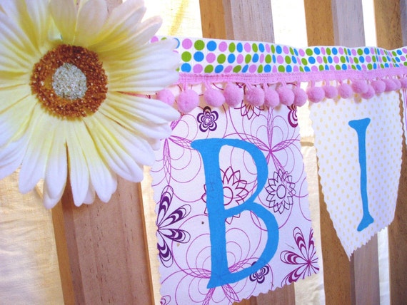 Birthday Banner Pink Carnival theme girls fabric banner with pom poms and flower Party Banner Birthday Decoration Il_570xn