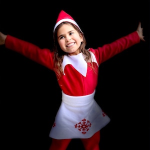 Klassischer Elfenrock Kinder Weihnachtsoutfit Halloween Kostüm Roter Elfenoverall und Hut Jungen oder Mädchen mit Rock Bild 8