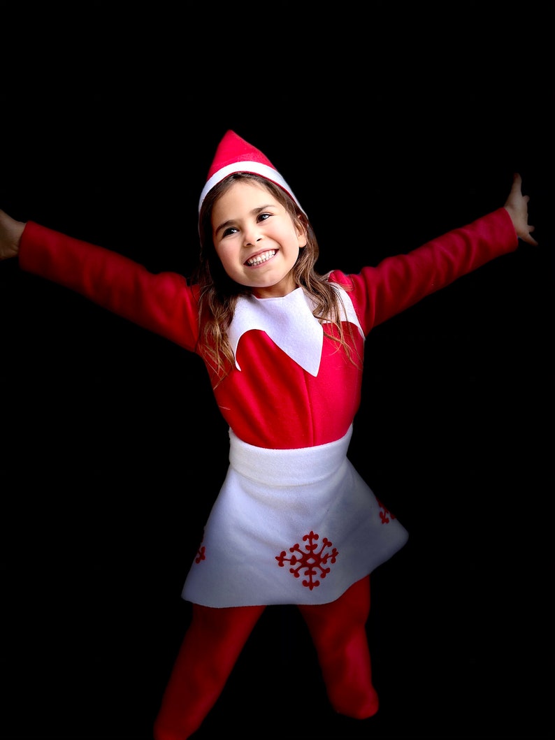 Klassischer Elfenrock Kinder Weihnachtsoutfit Halloween Kostüm Roter Elfenoverall und Hut Jungen oder Mädchen mit Rock Bild 8