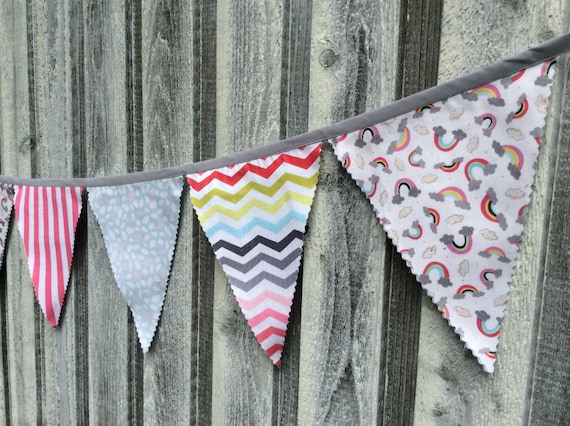 Fabric Bunting Flags Rainbows, Clouds, Hot Pink stripes, rainbow chevron in muted tones, pennant flags arty decoration Il_570xn
