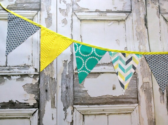 Fabric Bunting Flags party Decoration grey dots, bright teal rings, chartreuse chevron Il_570xn
