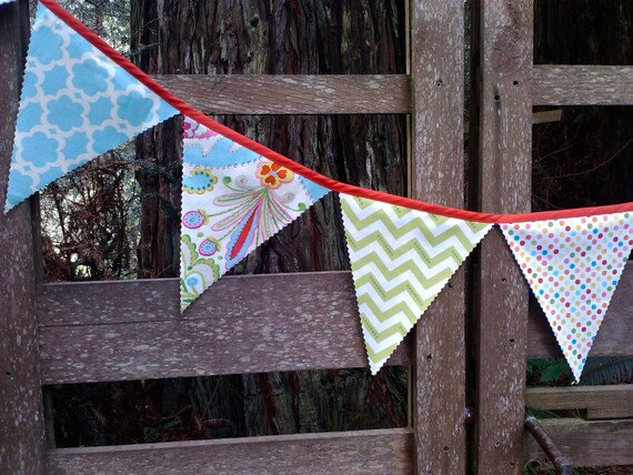 Fabric Bunting Flags Bamboo Green Chevron, Aqua Geometric, Modern Lotus Design, and Colorful Dots Il_570xn
