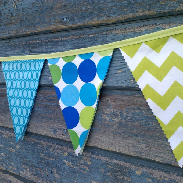 Fabric Bunting Flags Party Banner Birthday Banner Bright Blue,Turquoise, Lime Green Photo prop Cake Smash Banner Pennant Flags