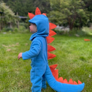 Fantasia de dinossauro para Halloween, azul e laranja, traje infantil completo com cauda longa, espinhos e capuz para meninos, meninas, bebês e crianças
