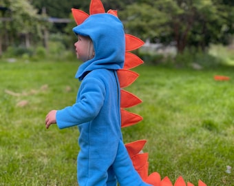 Dinosaur Halloween Costume Blue and Orange Dino kids costume full suit with long tail, spines and hood for boys, girls, toddler, children