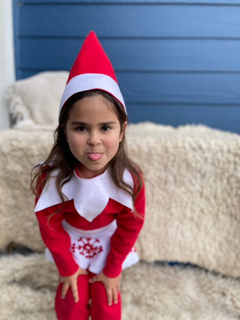 Klassischer Elfenrock Kinder Weihnachtsoutfit Halloween Kostüm Roter Elfenoverall und Hut Jungen oder Mädchen mit Rock Bild 2