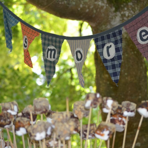 Bunting Flags Camping theme party SMORES plaid handmade look PERSONALIZE or CUSTOMIZE flags